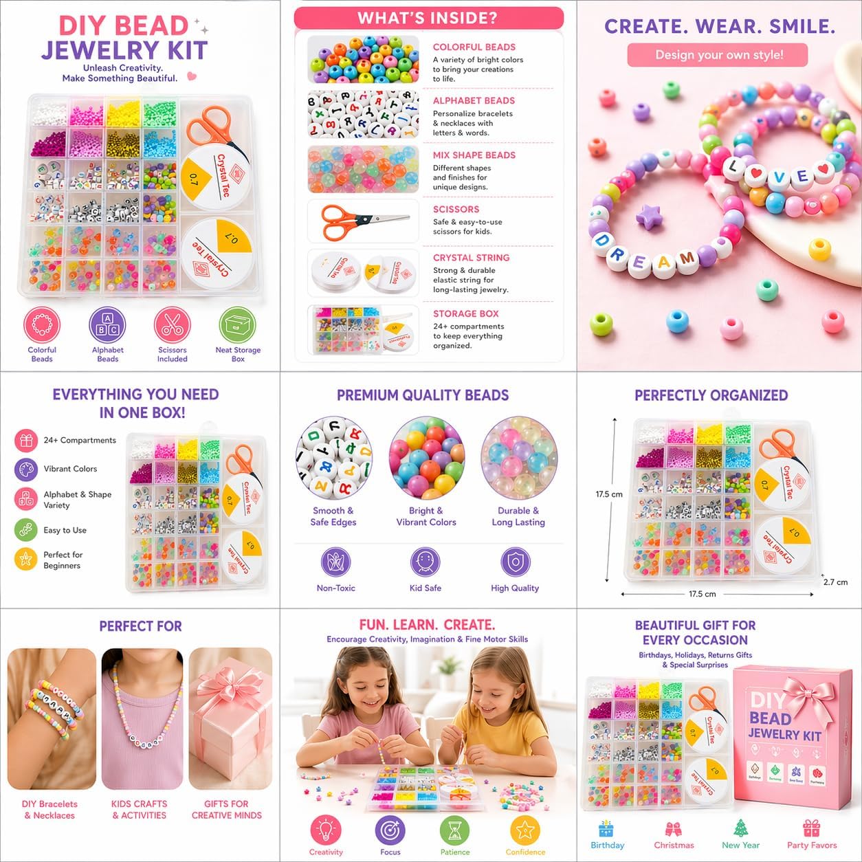Arts Colorful Bead Box Kit with Alphabet Beads and Thread
