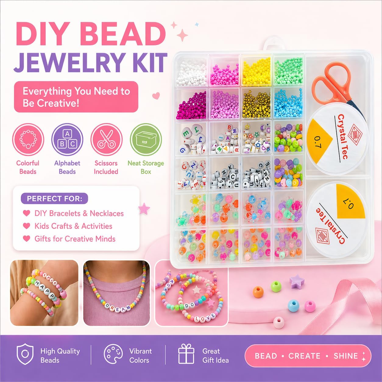 Arts Colorful Bead Box Kit with Alphabet Beads and Thread